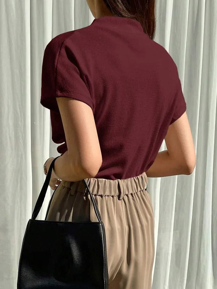 Casual Chic Solid Color Funnel Neck Blouse - LA FEMME WANDERER