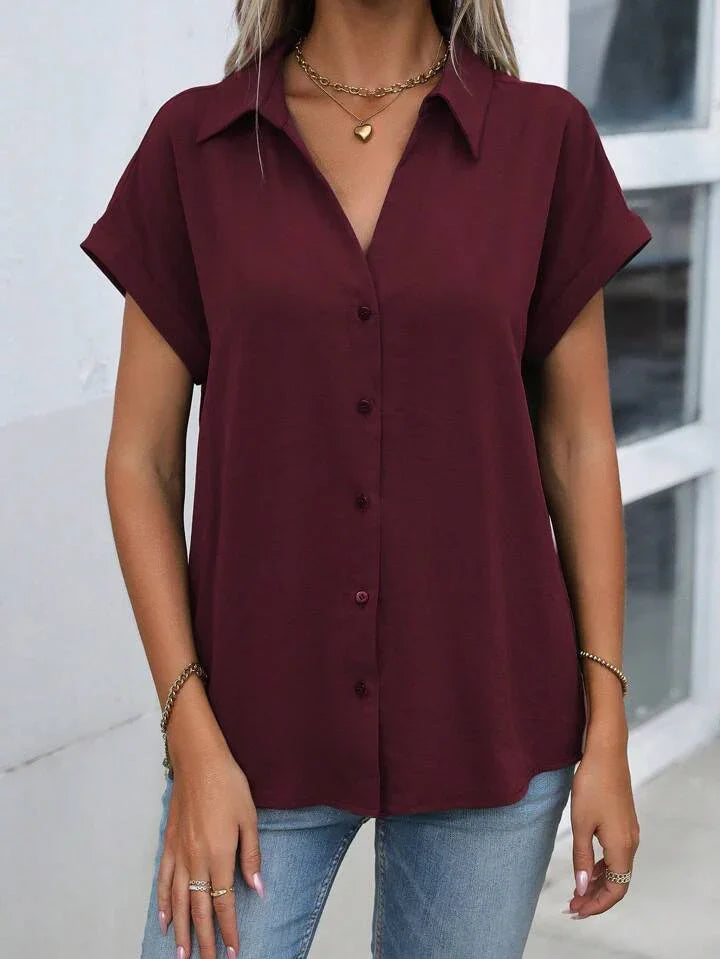 Must-have Short-sleeved Lapel Button Shirt Top - LA FEMME WANDERER