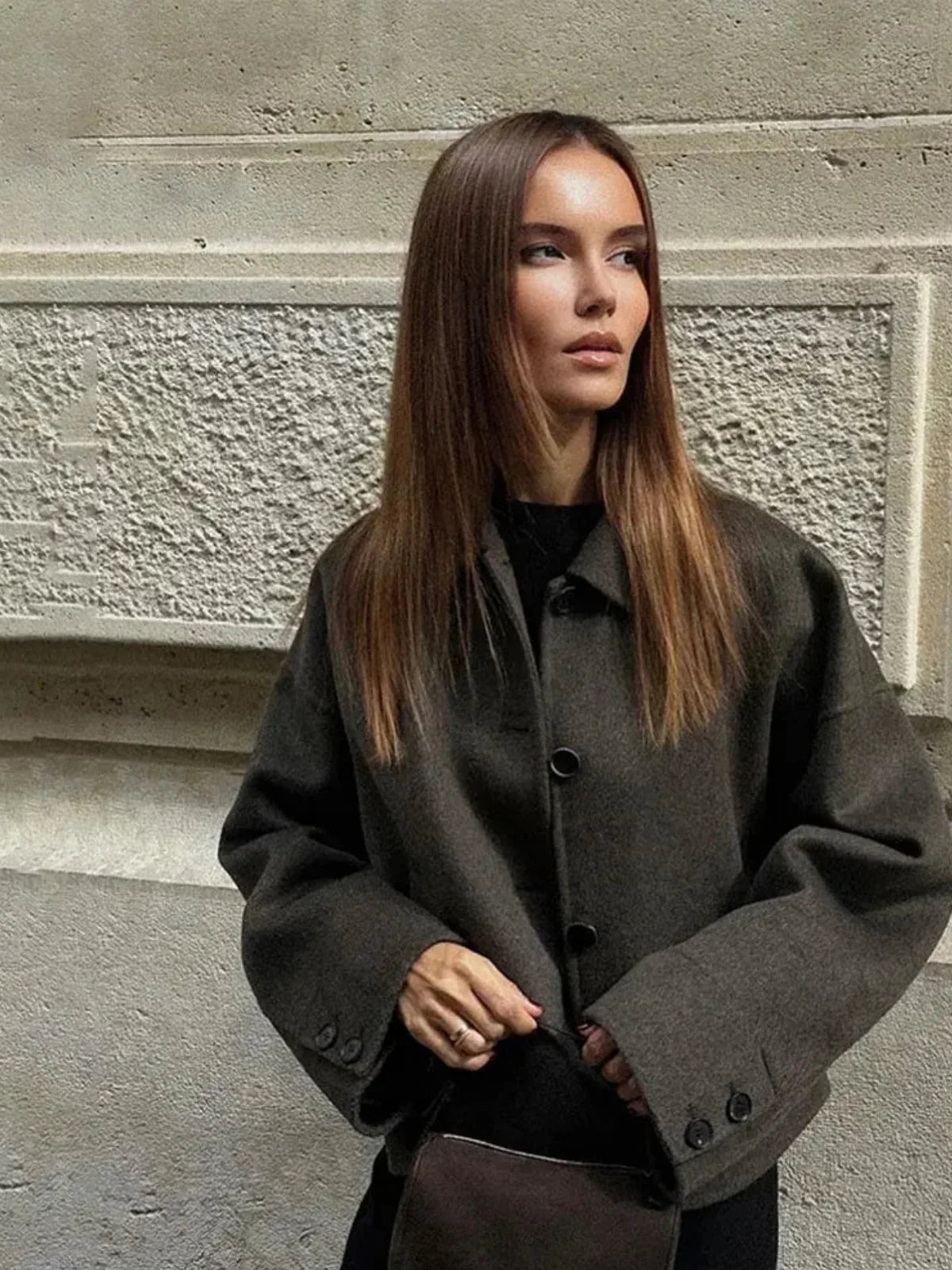 Taupe Woolen Short Coat - LA FEMME WANDERER