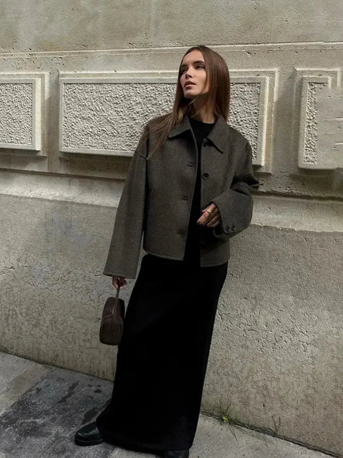 Taupe Woolen Short Coat - LA FEMME WANDERER