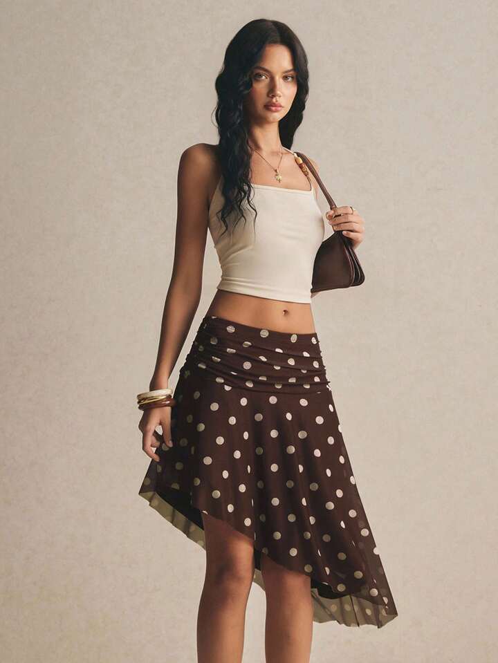 Brown Polka Dot Mesh Skirt – Chic High Waist Asymmetric Hem Skirt