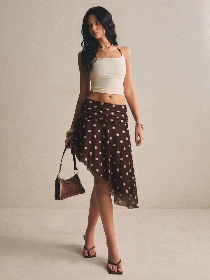 Brown Polka Dot Mesh Skirt – Chic High Waist Asymmetric Hem Skirt
