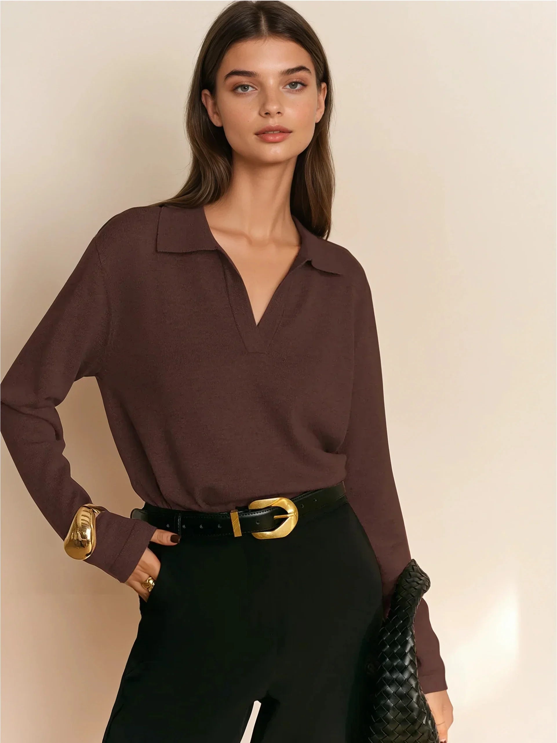 Minimalist Style Knit Polo Sweater - LA FEMME WANDERER