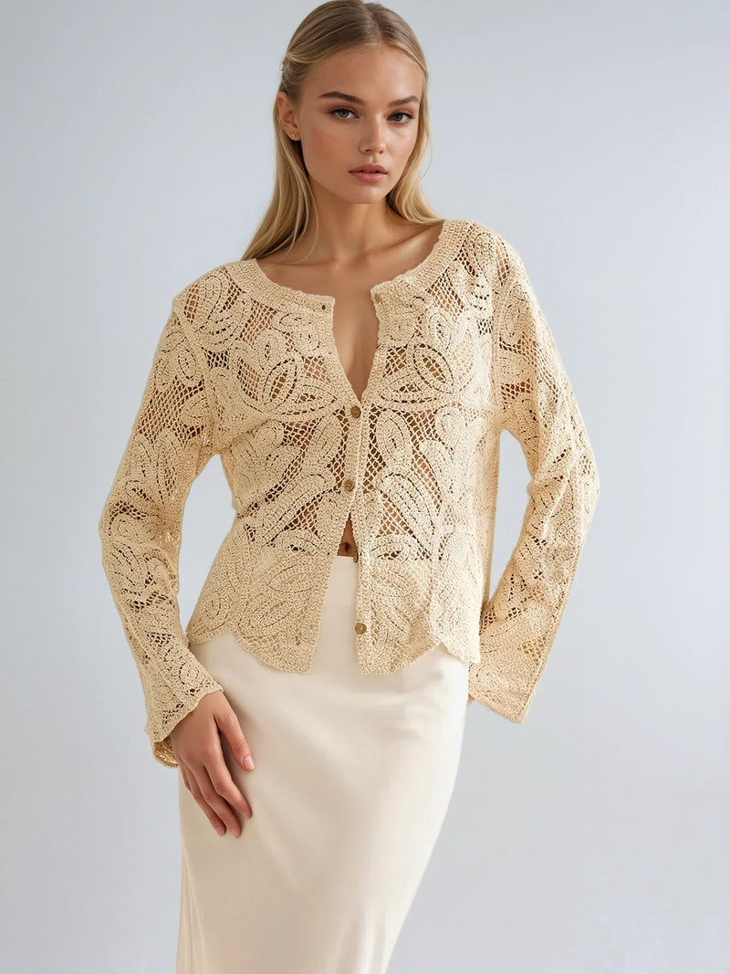 Vintage Crochet Lace Cardigan With Scalloped Edge Details