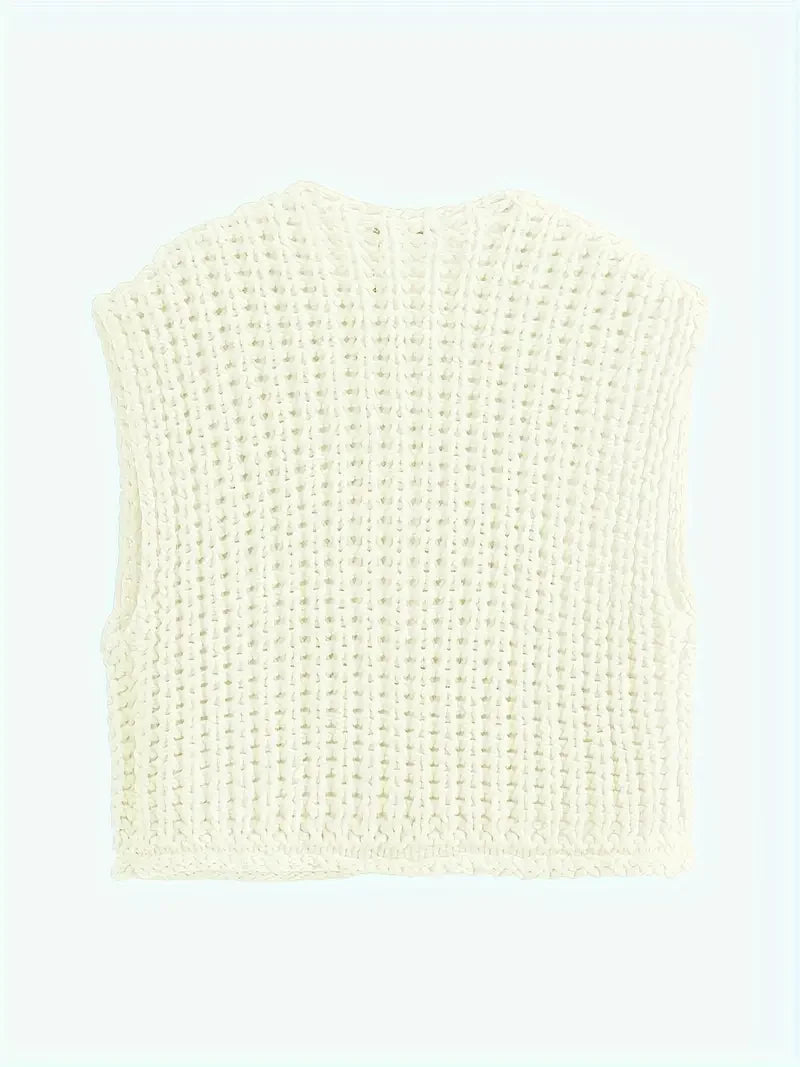 Pocket Sleeveless Short Knitted Cardigan Vest - LA FEMME WANDERER