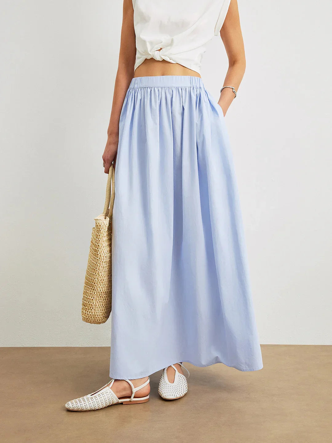 Blue Cotton A-Line Skirt With Pockets - LA FEMME WANDERER