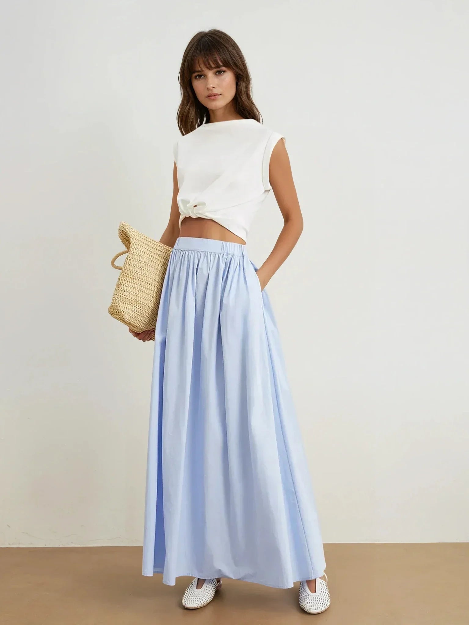 Blue Cotton A-Line Skirt With Pockets - LA FEMME WANDERER