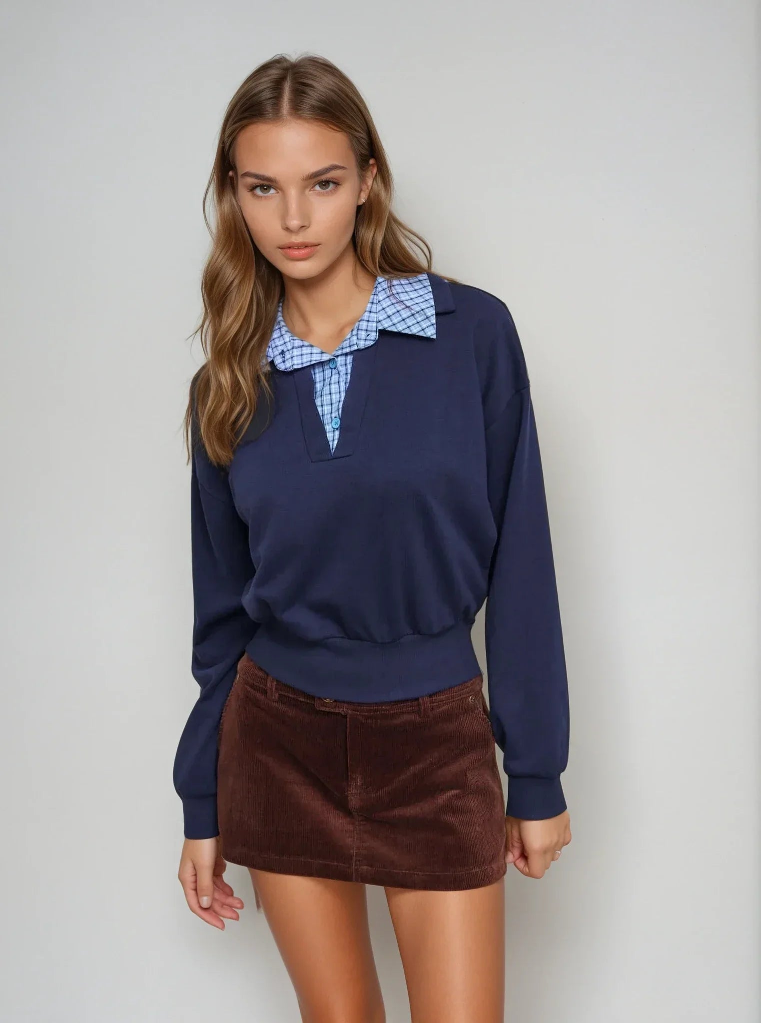 Terry Checks Collar Sweatshirt - LA FEMME WANDERER