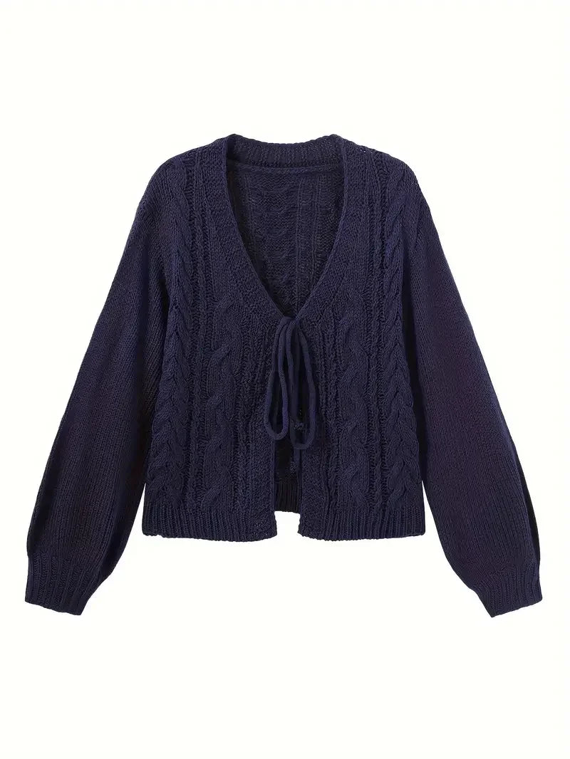 Deep V-neck Navy Blue Cardigan - LA FEMME WANDERER
