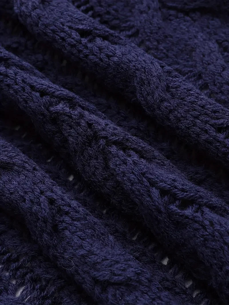 Deep V-neck Navy Blue Cardigan - LA FEMME WANDERER