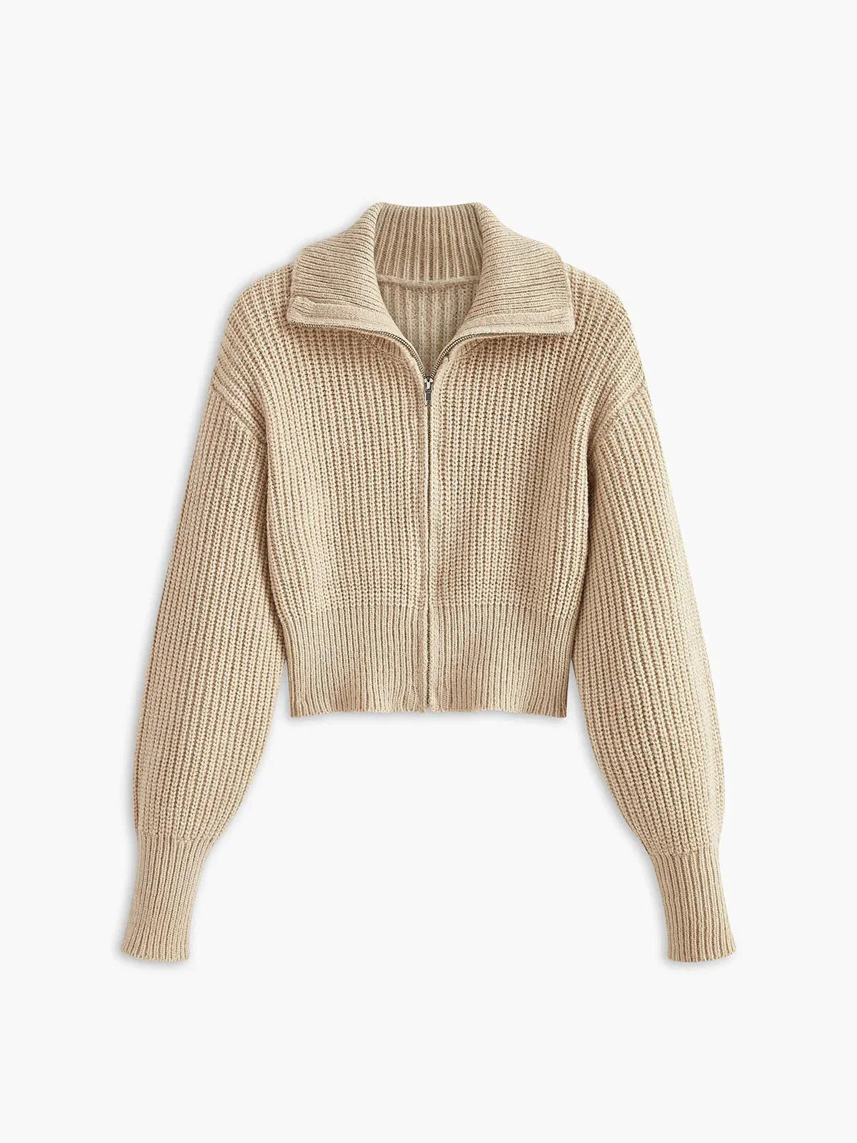Ribbed Zipper Lapel Cardigan - LA FEMME WANDERER