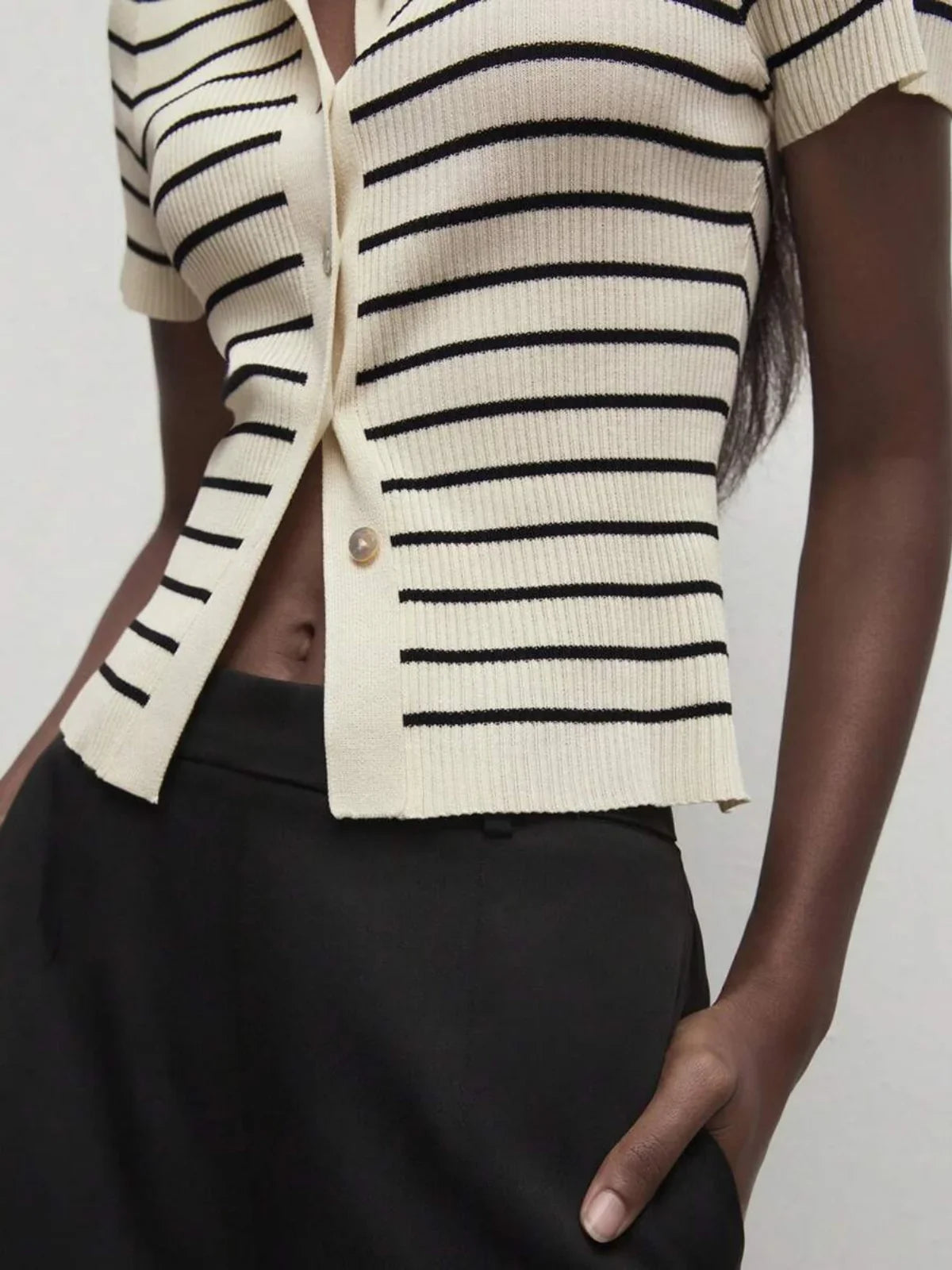 Lined Cashmere Blend Knit Sweater Turndown Collar Stripe - LA FEMME WANDERER