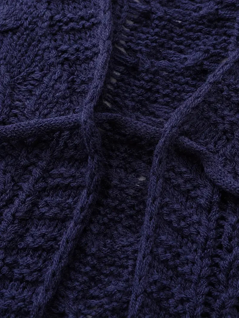 Deep V-neck Navy Blue Cardigan - LA FEMME WANDERER