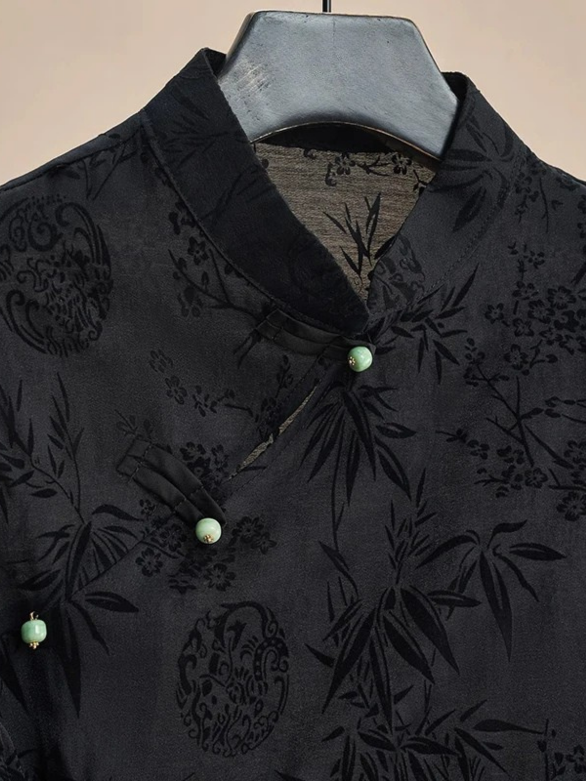 Black Mandarin Collar Jacquard Blouse