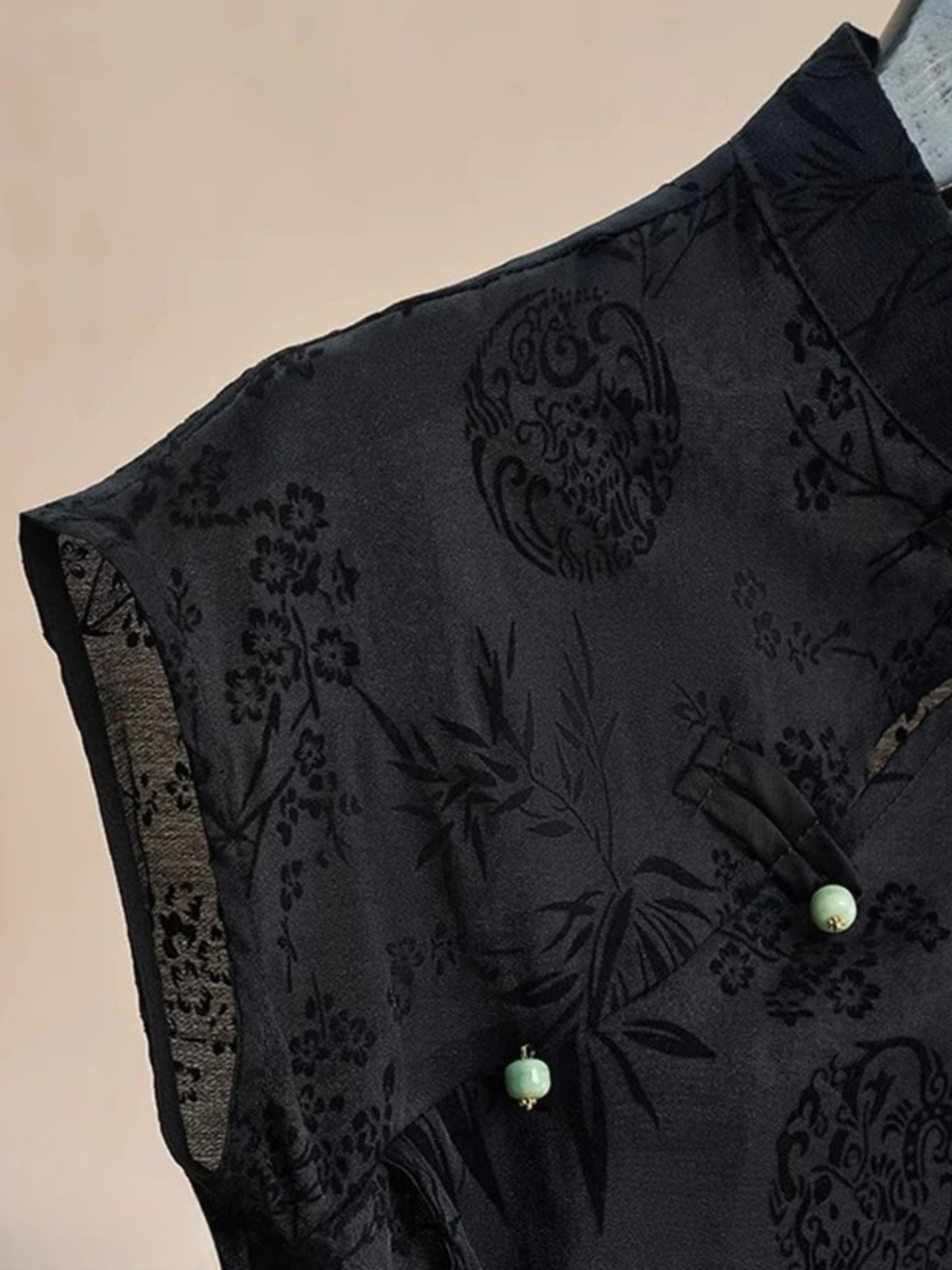 Black Mandarin Collar Jacquard Blouse
