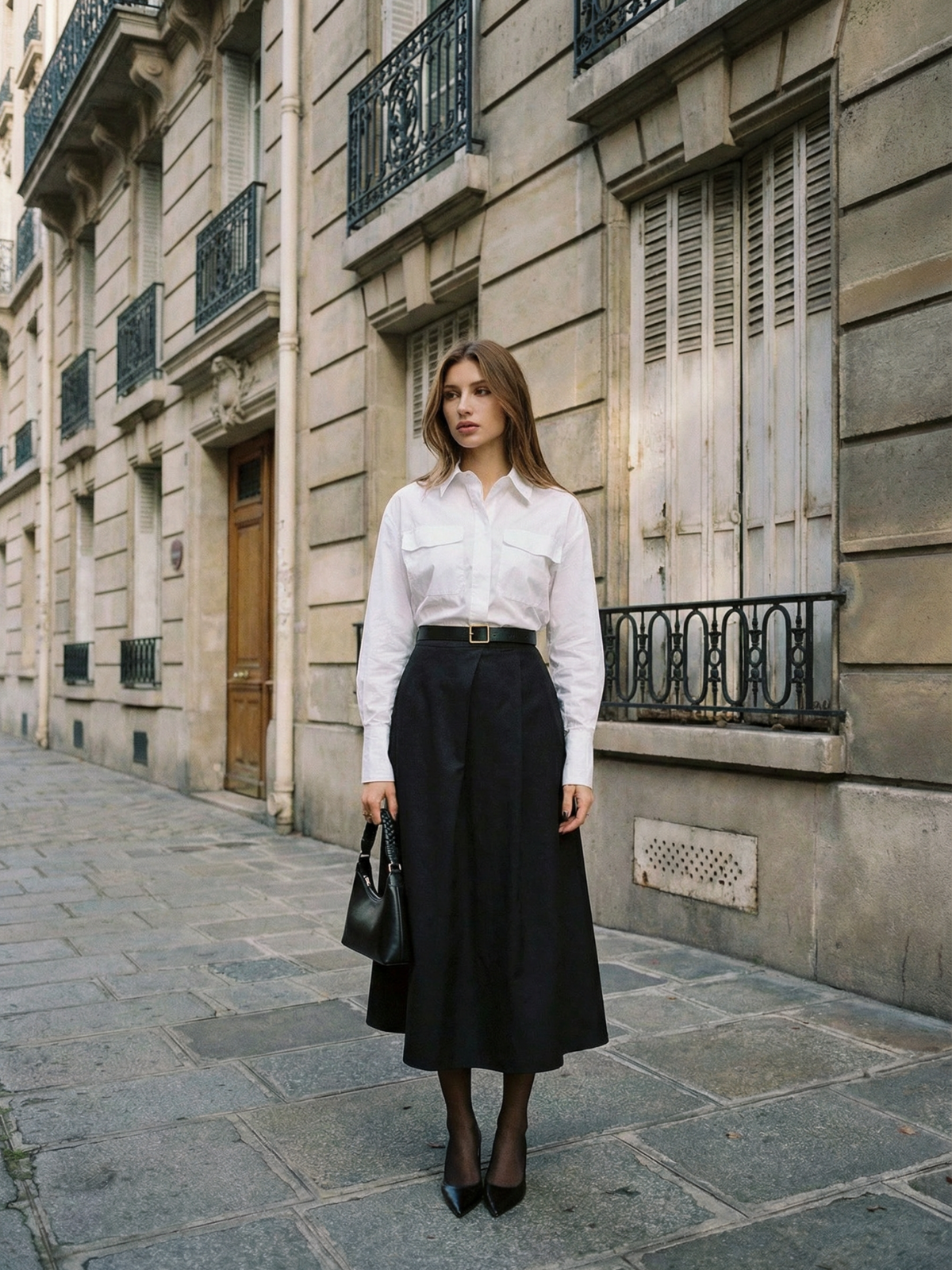 Jupe longue noire à boutons et poches avant, idéale pour le bureau et les tenues d'automne élégantes pour femmes actives.