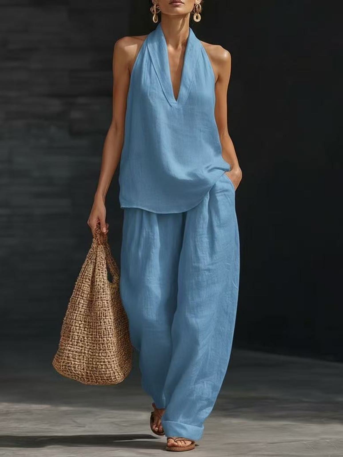 Elegant Style Halter Top & Wide-Leg Pants Co-Ord