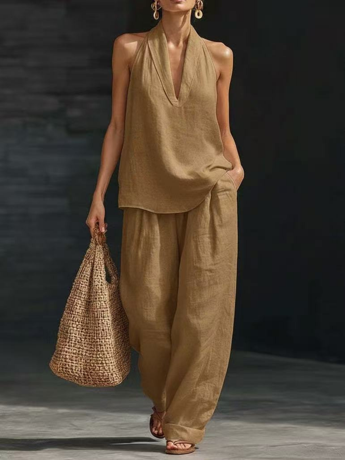 Elegant Style Halter Top & Wide-Leg Pants Co-Ord