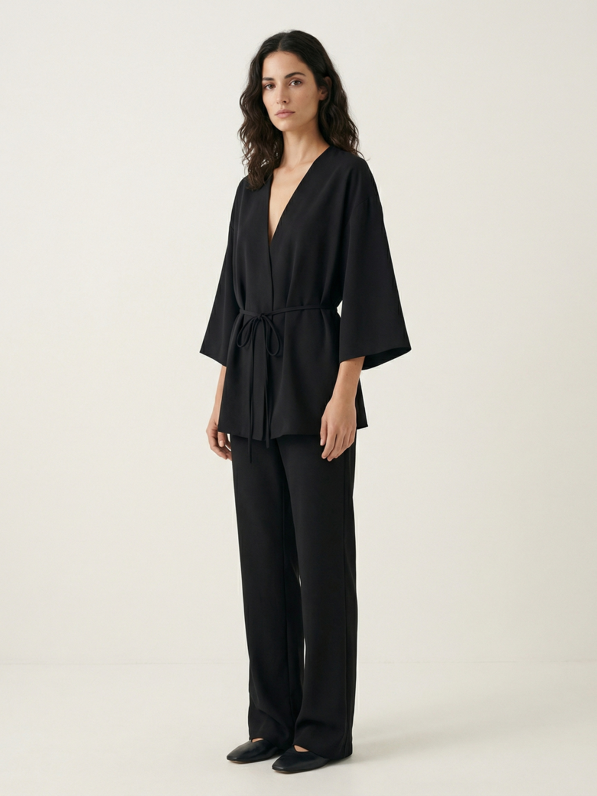 Womens Lace Up Wrap Cross V Neck Long Sleeve Kimono Top Black For Office Casual Wear