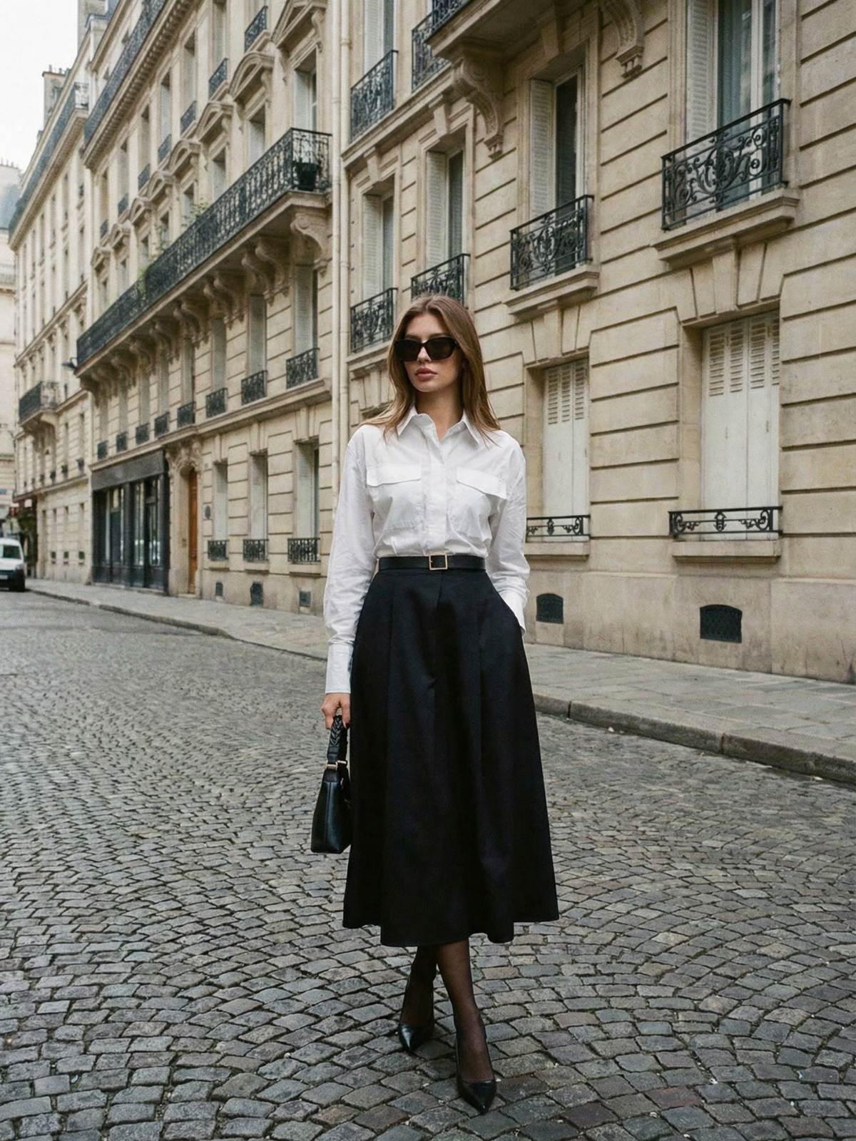 Jupe longue noire à boutons et poches avant, idéale pour le bureau et les tenues d'automne élégantes pour femmes actives.