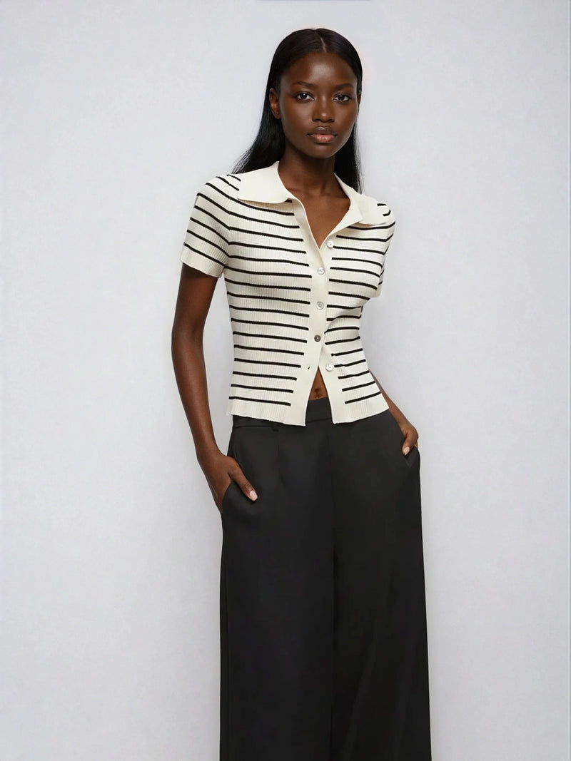 Pull en maille de cachemire mélangé doublé à col rabattu et rayures