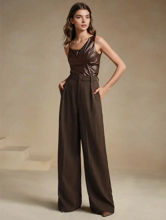 High Waist Wide Leg Trousers With Pleats And Zipper