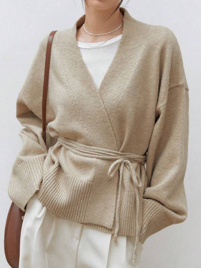 Apricot Belted Drop Shoulder Cardigan