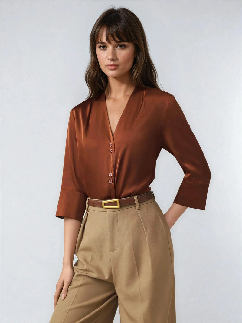 Haut en satin à col en V et manches trois-quarts, style décontracté