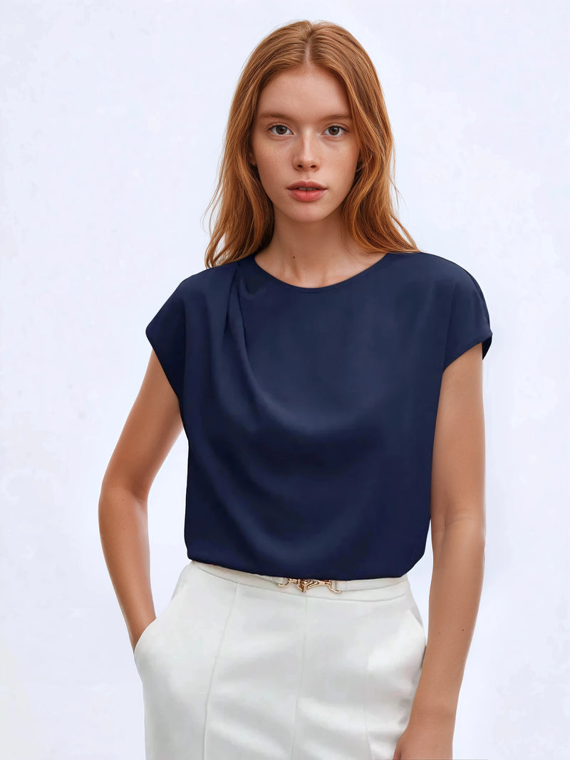 Round Neck Ruffle Top With Puff Sleeves For Office Wear