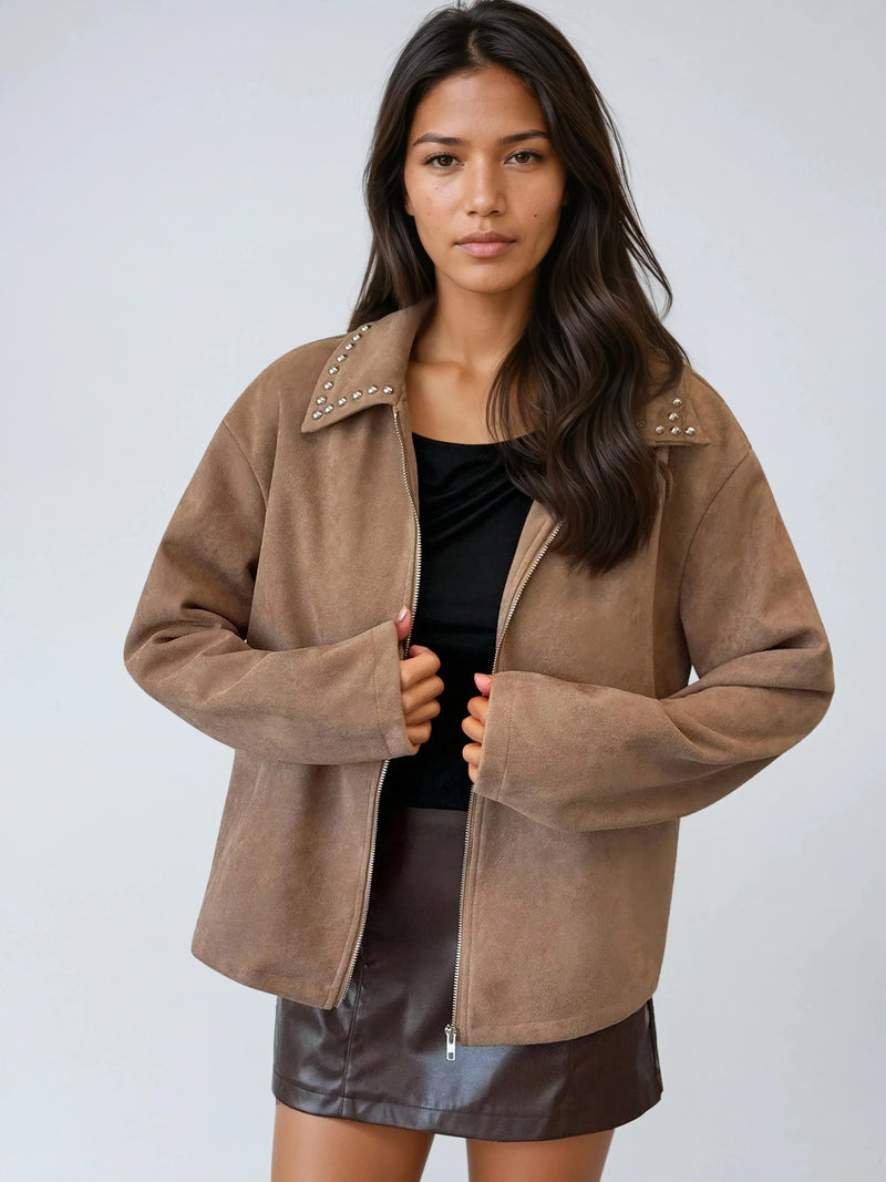 Veste zippée à col perlé avec coupe ample et décontractée