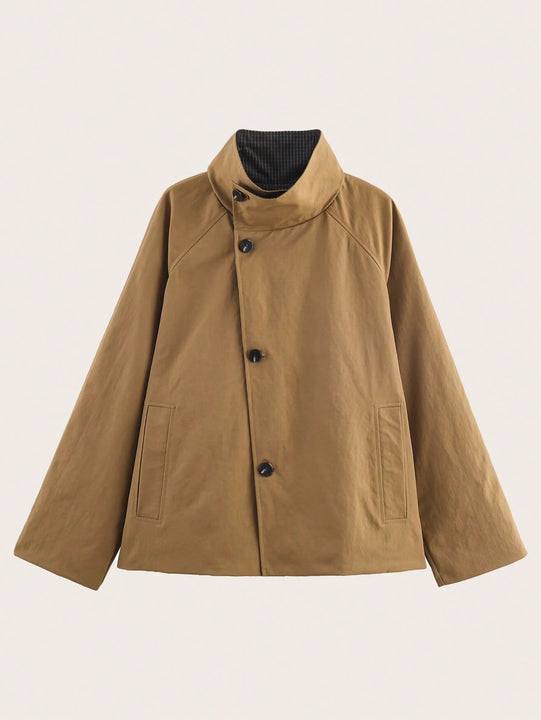 Geometric Reversible Trench Coat With Funnel Neck Casual Long Sleeve Spring And Autumn