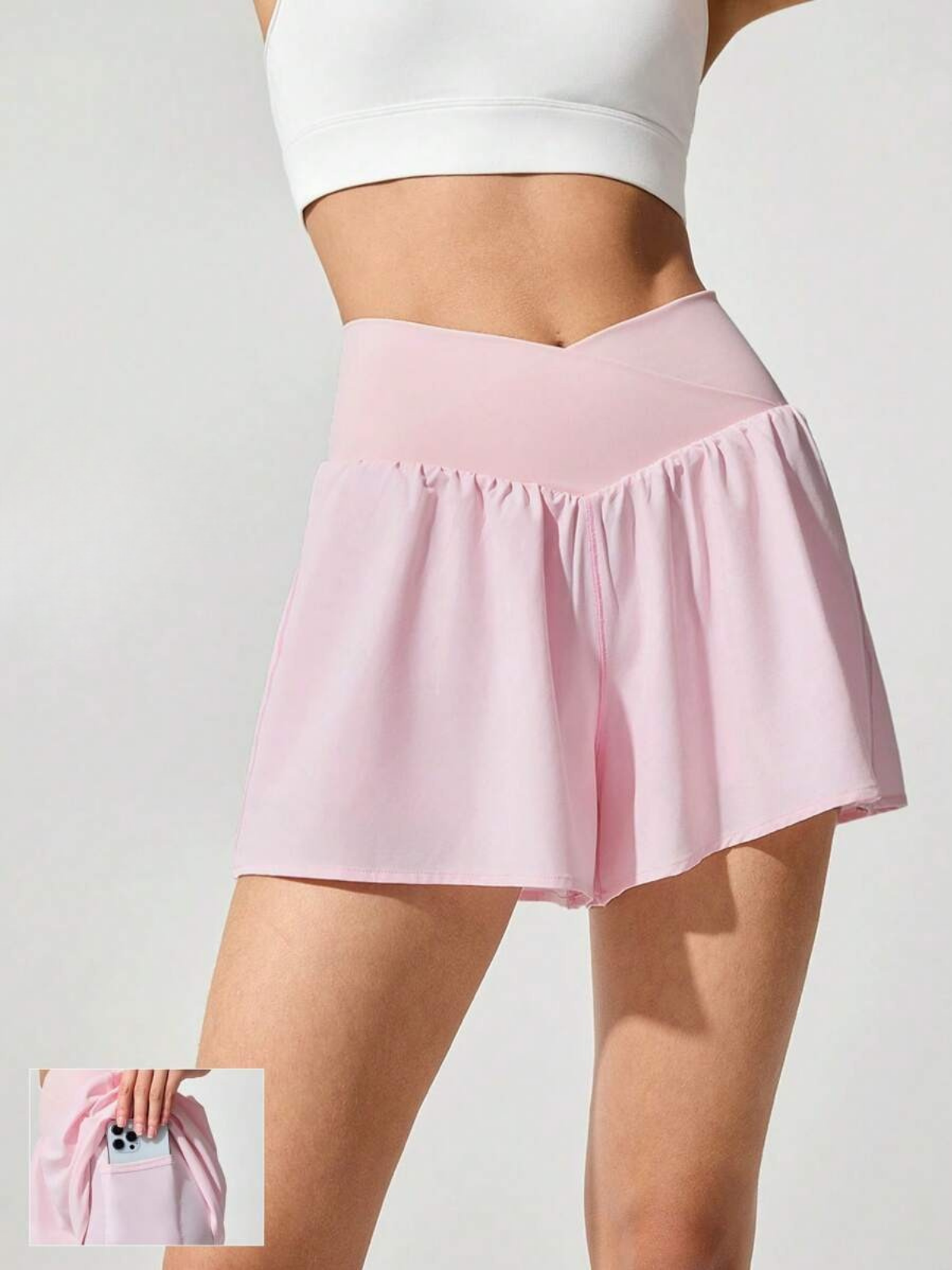 Short de course anti-transpiration, taille mi-haute, poches, séchage rapide