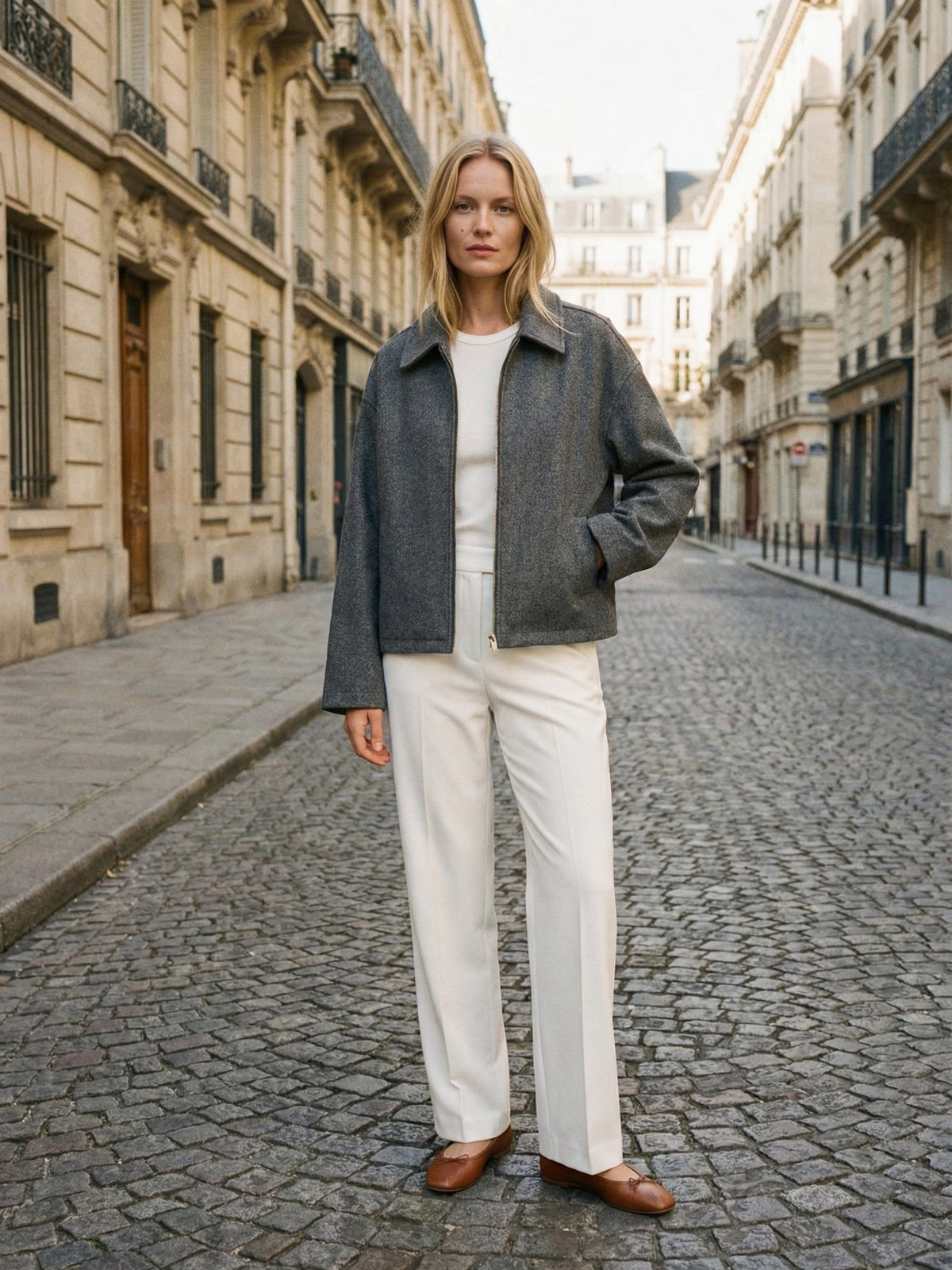 Veste d'automne minimaliste en laine mélangée à revers zippé