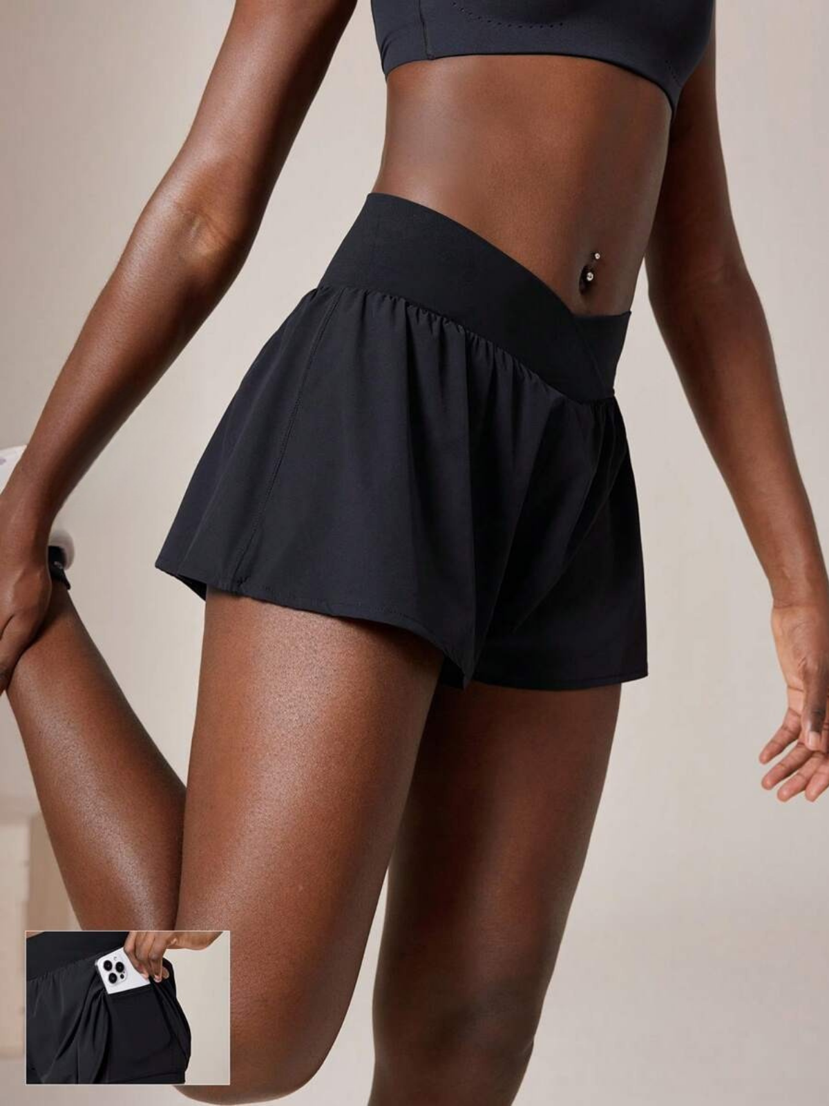 Short de course anti-transpiration, taille mi-haute, poches, séchage rapide