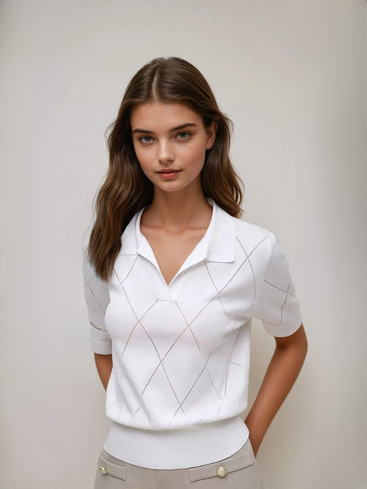 Diamond Knit Polo Collar Short Sleeve Pullover Soft Casual