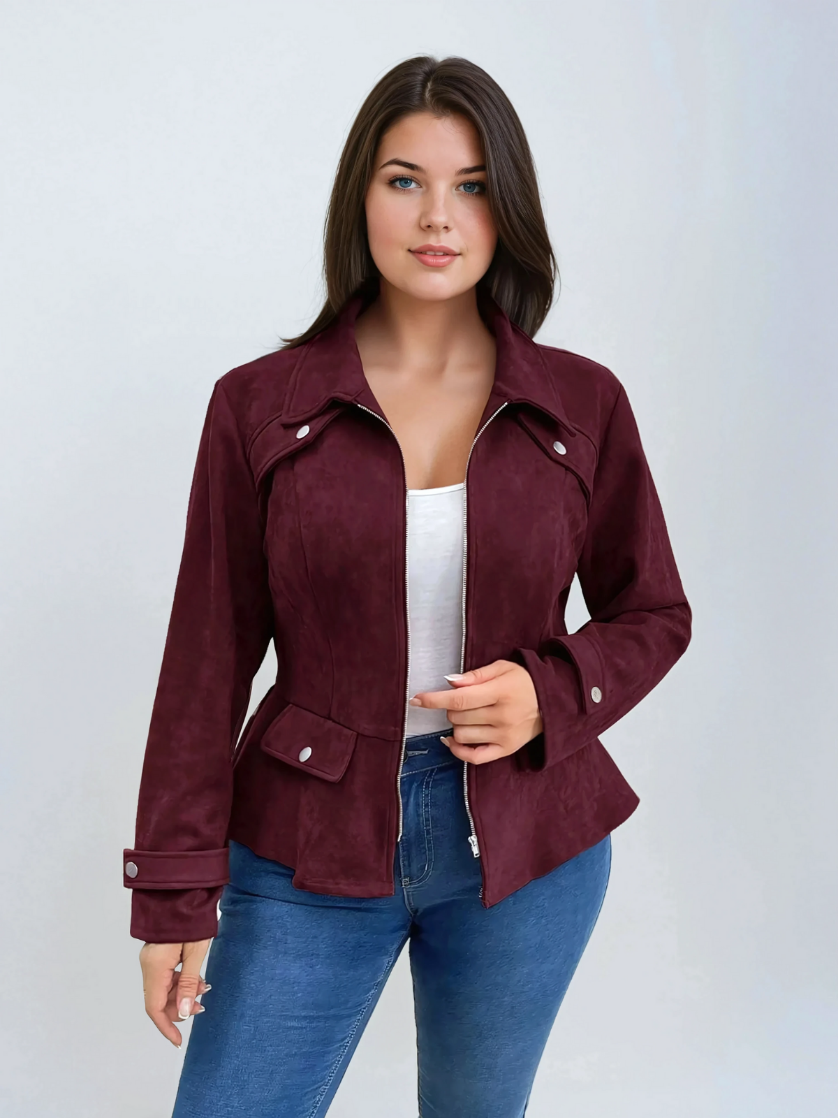 Veste décontractée bordeaux de taille plus taille avec fermeture éclair avant