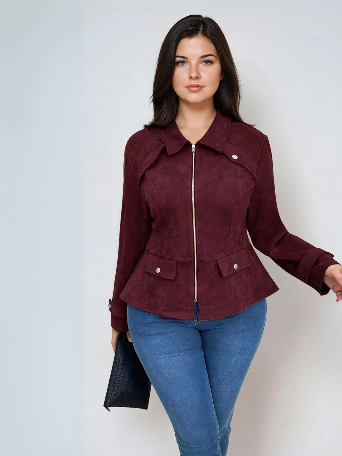 Veste décontractée bordeaux de taille plus taille avec fermeture éclair avant