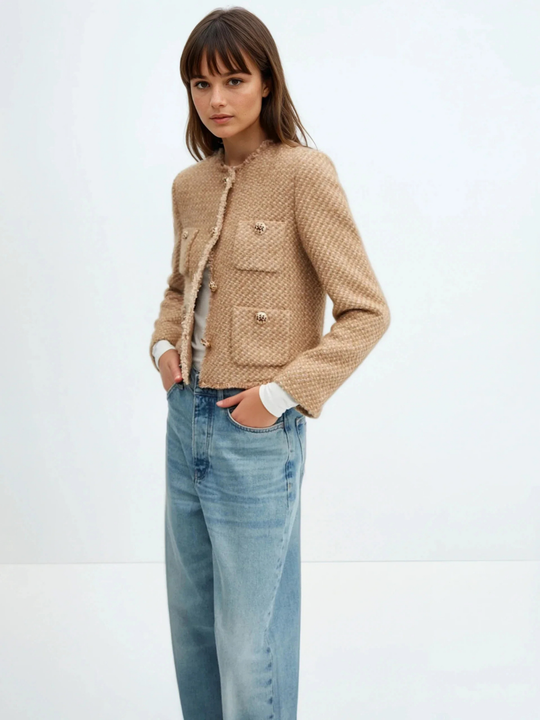 Cardigan en tweed à col rond et boutonnage simple