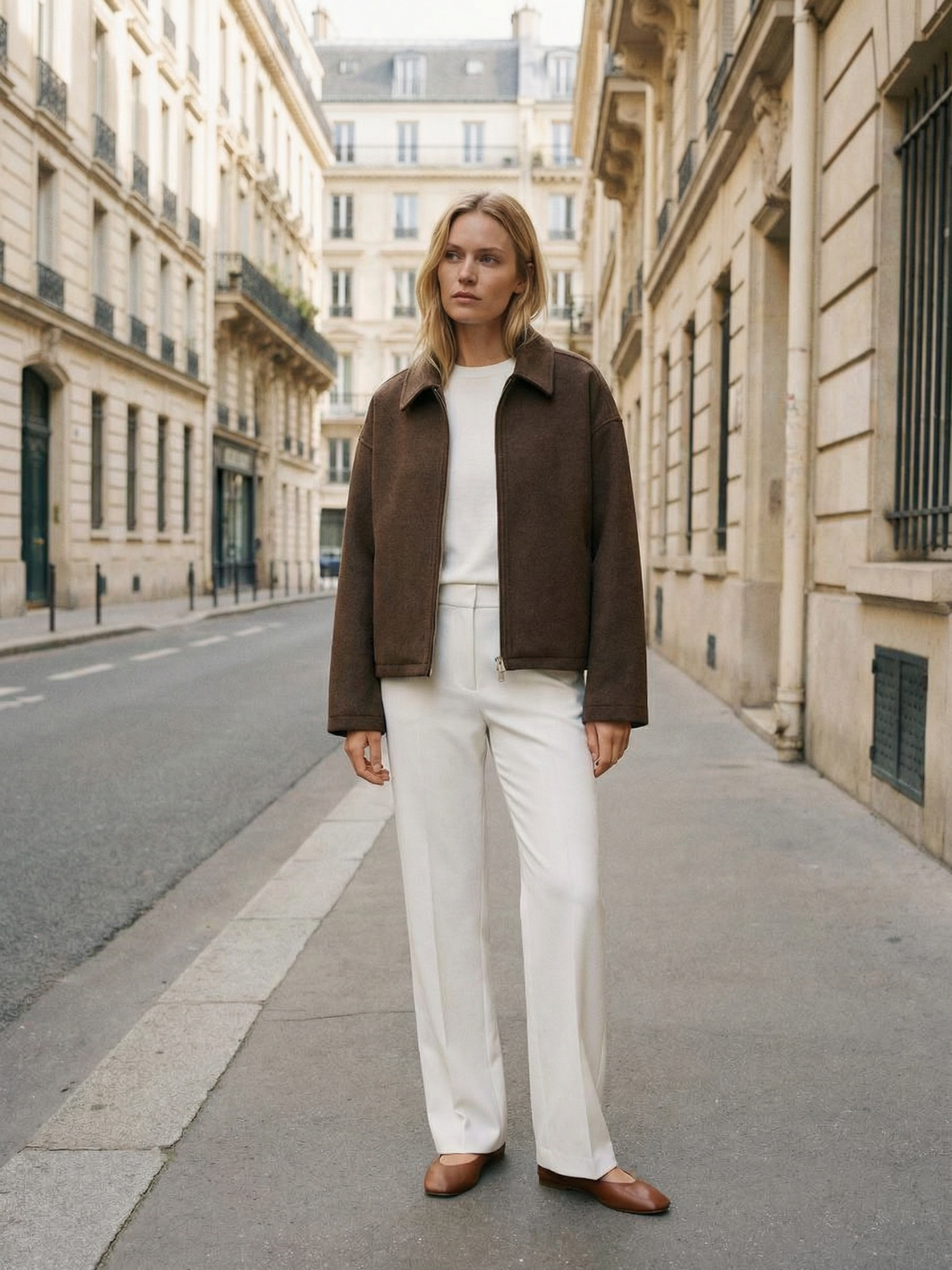 Veste d'automne minimaliste en laine mélangée à revers zippé