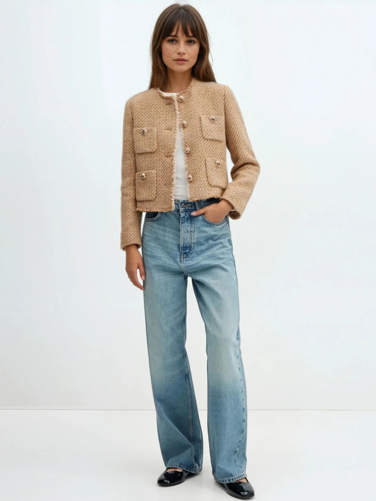 Cardigan en tweed à col rond et boutonnage simple