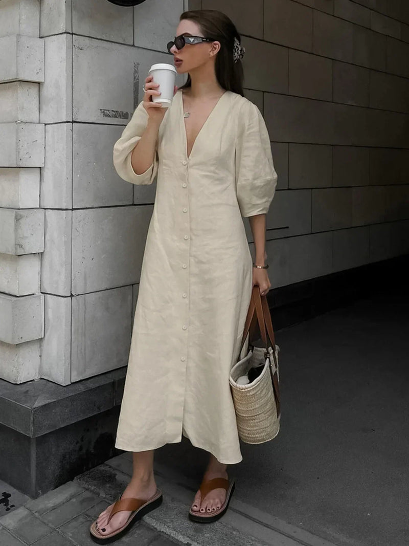 Robe longue nouée boutonnée sur le devant en coton et lin