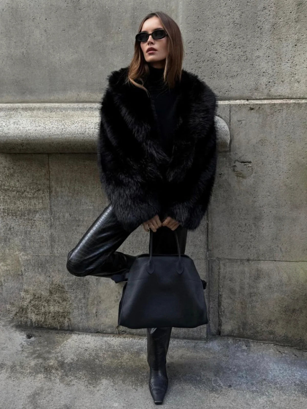 Solid Faux Fur Collar Jacket - LA FEMME WANDERER