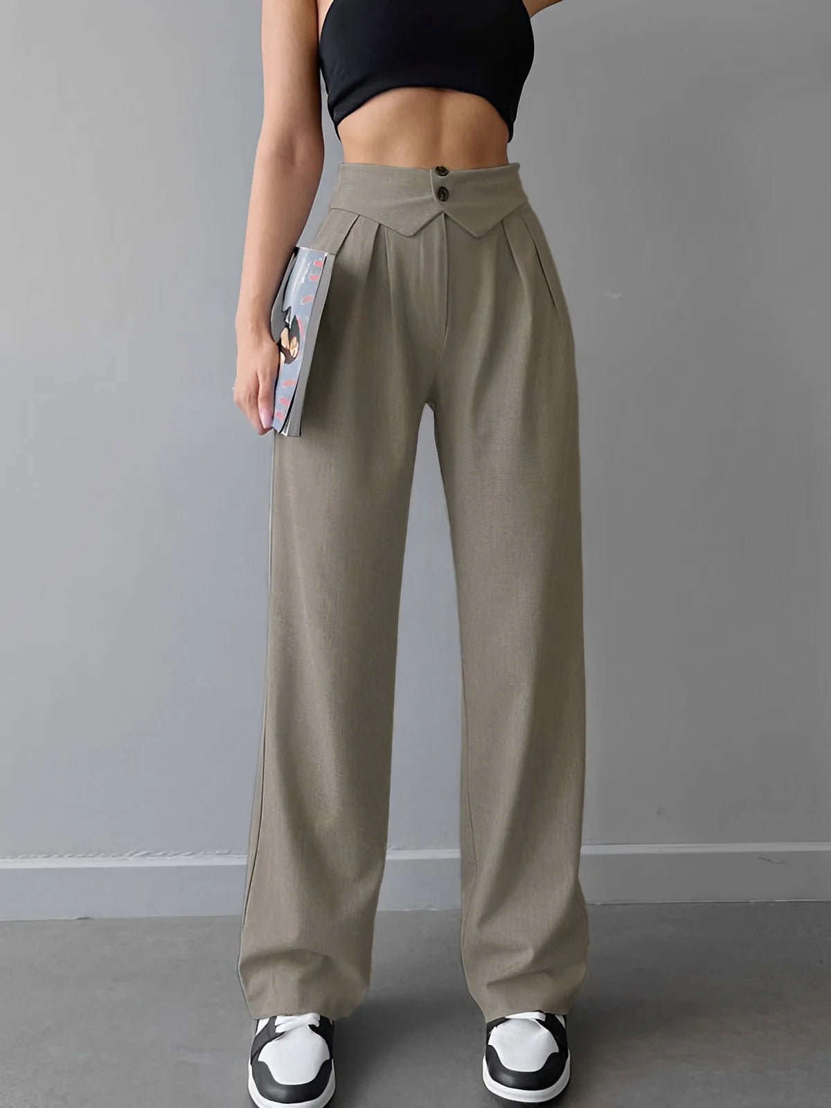 Street Fold Over Waistband Straight Leg Dress Pants - LA FEMME WANDERER