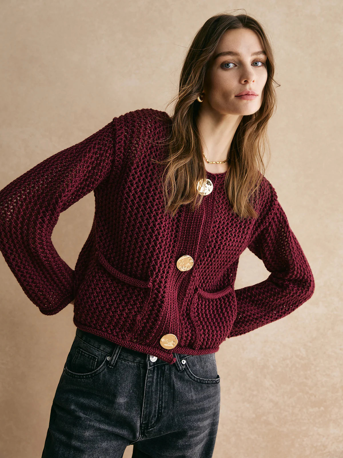 Retro Button Down Hollow Cardigan - LA FEMME WANDERER