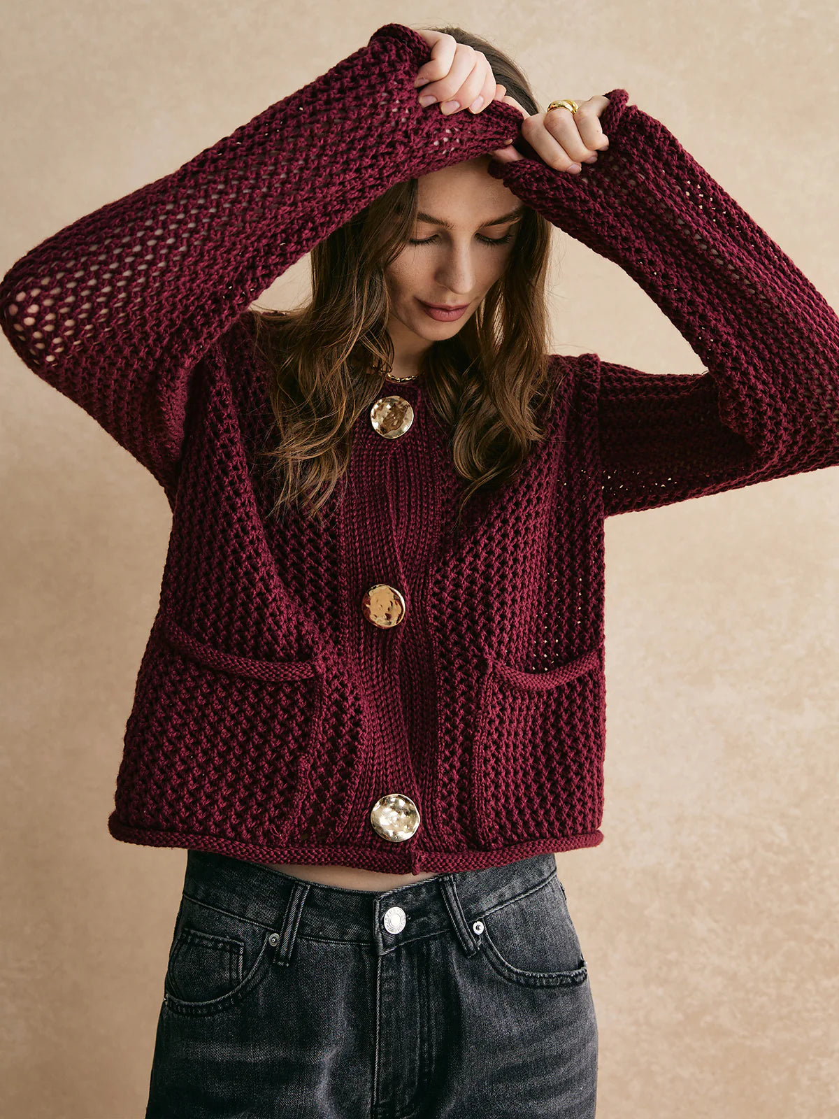Retro Button Down Hollow Cardigan - LA FEMME WANDERER
