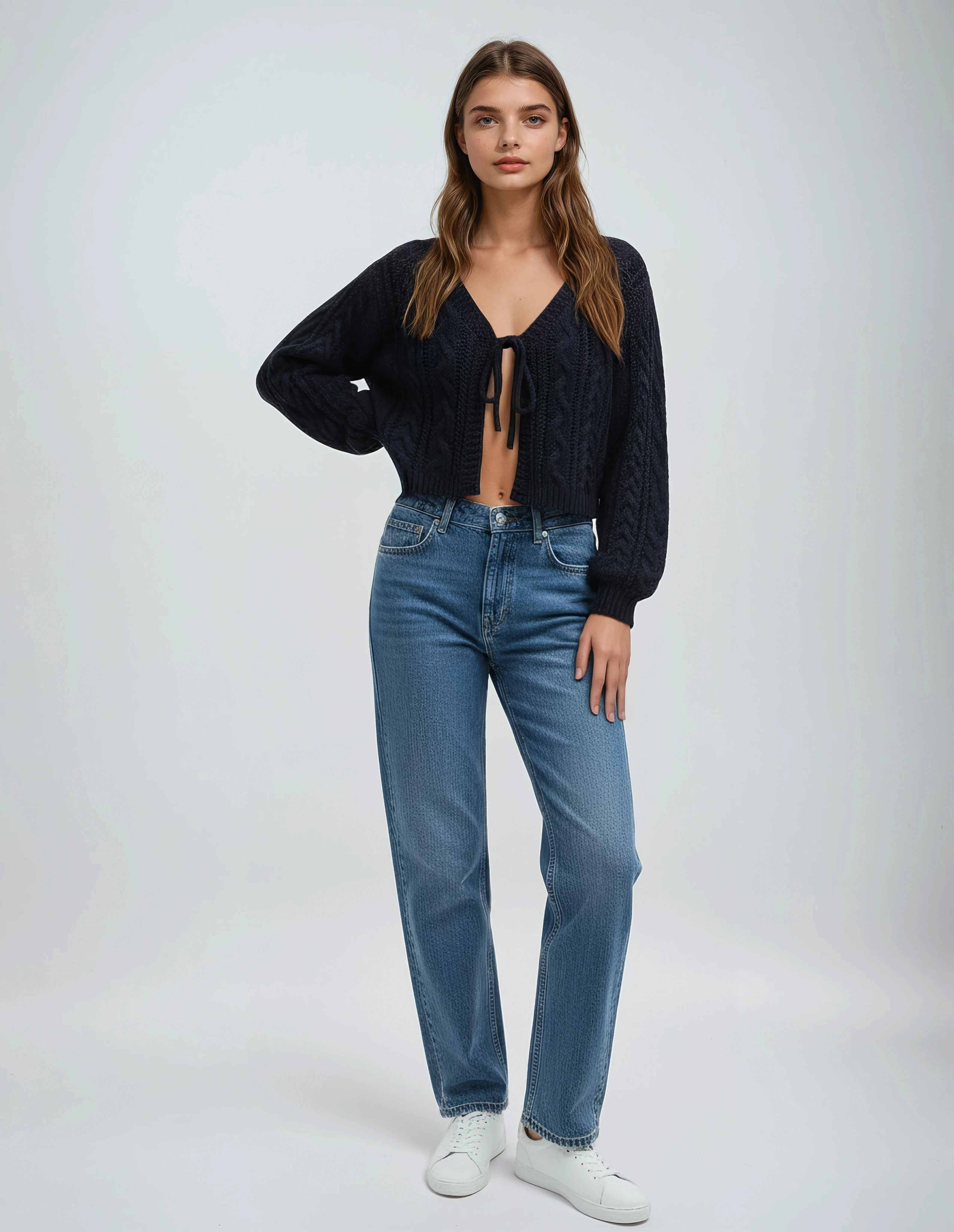 Deep V-neck Navy Blue Cardigan