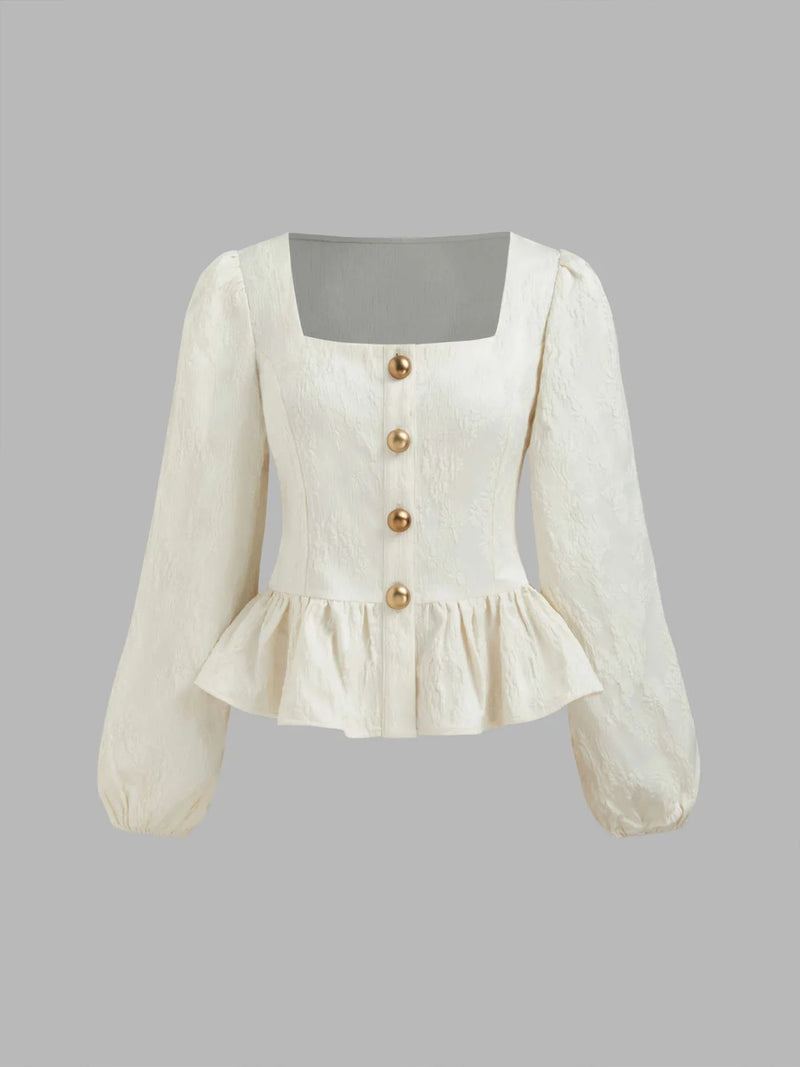 Square Neck Floral Button Ruffle Hem Long Sleeve Blouse