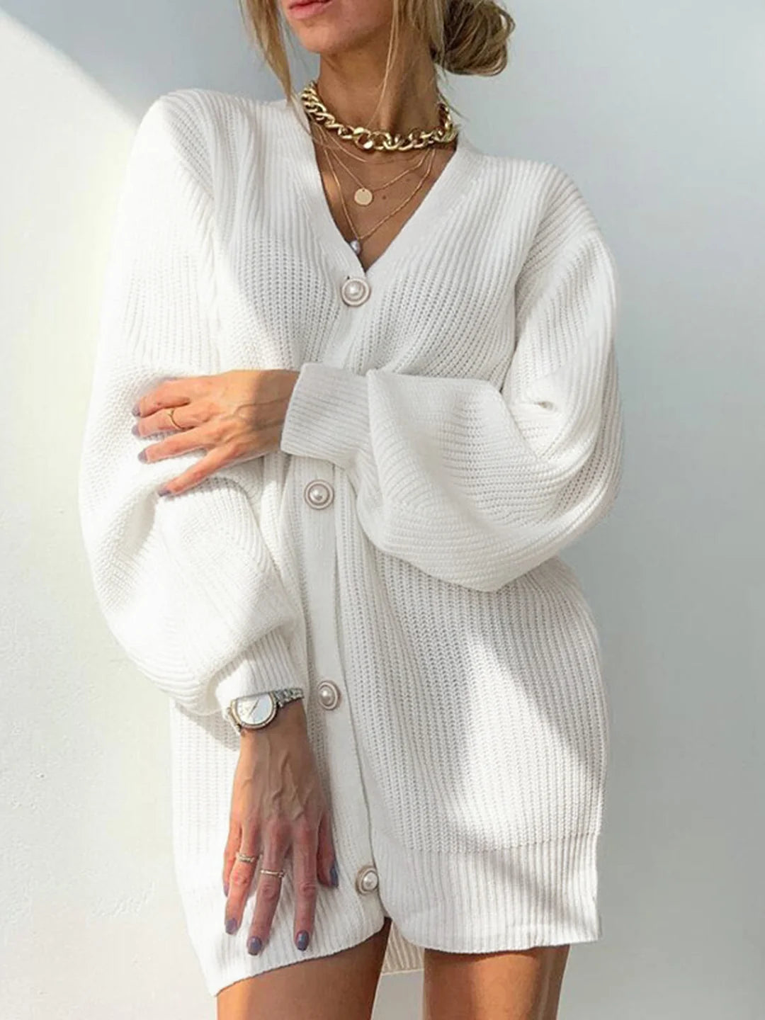 Solid Color Long-sleeved Pearl Oversized Cardigan - LA FEMME WANDERER