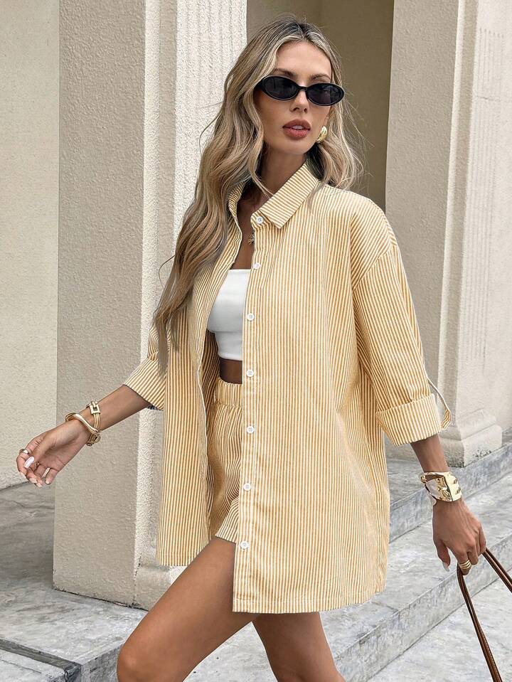 Hamptons Stripe Shirt & Skort Set – Relaxed Button-Up Co-Ord for Effortless Coastal Chic