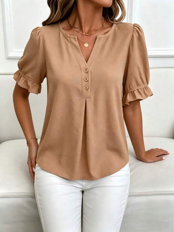 Timeless Feminine Top with Soft Ruffle Sleeve Accents